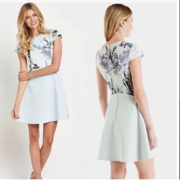 Ted Baker London Skater Dress Sage Green Floral Cap Sleeve Size 1 US 2-4 - Picture 2 of 16